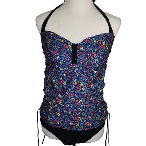 A Love 1PC Swimsuit MEDIUM Floral Built-in Bra Gathered Ruched Sides Halter NWT